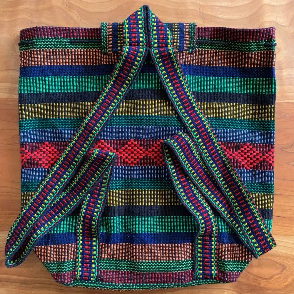 Rainbow, Bold, Black Woven Baja Boho Backpack